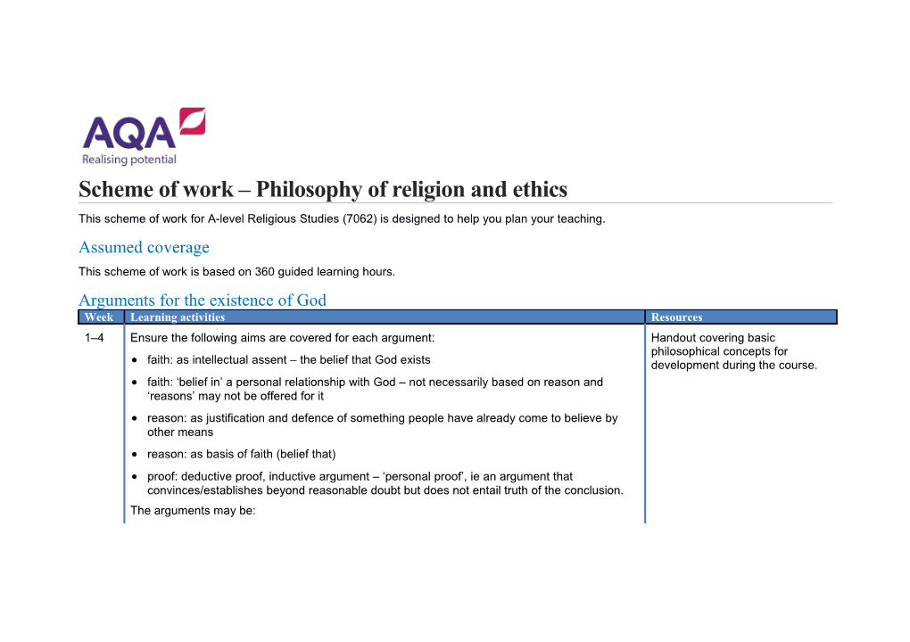 Scheme of Work Philosophy of Religion and Ethics