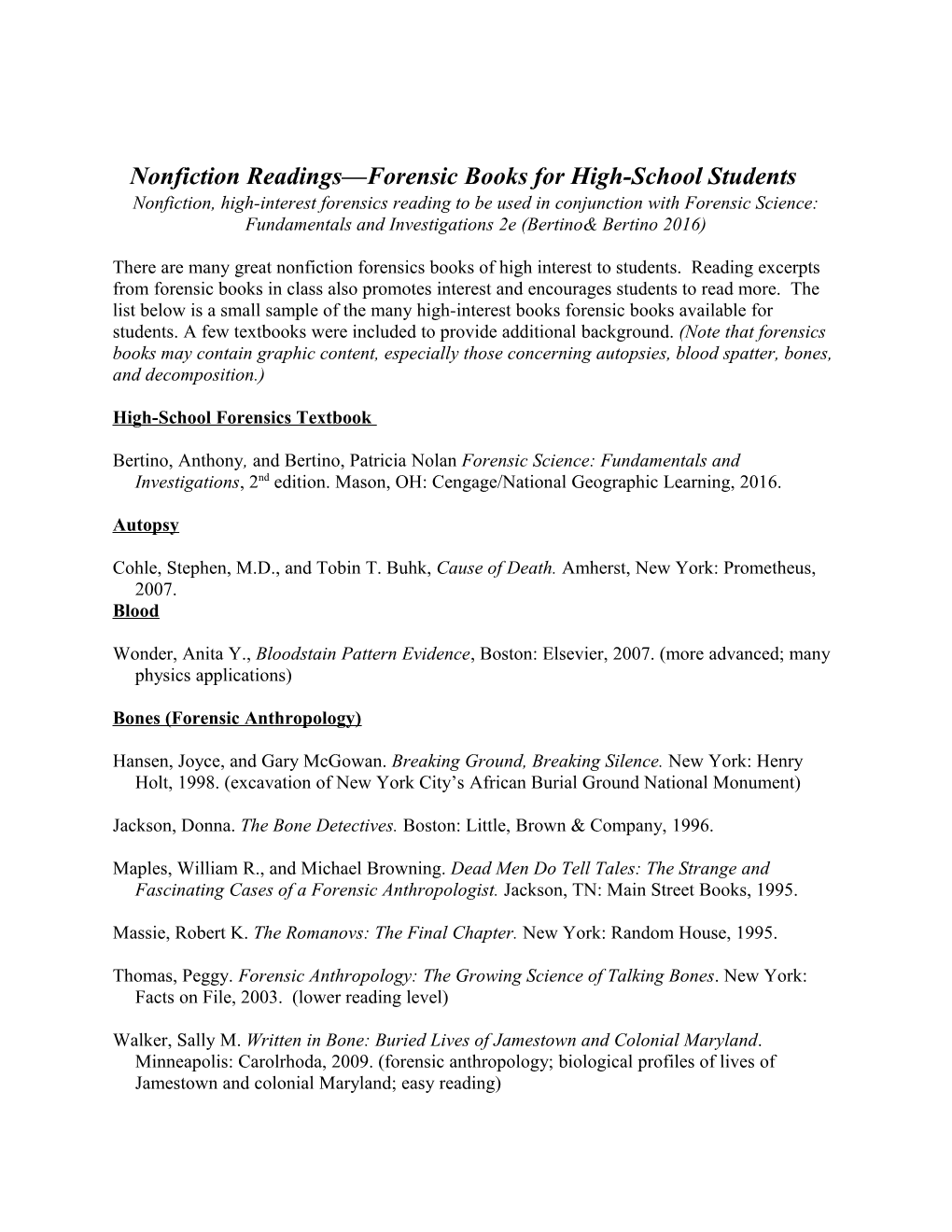 Nonfiction Readings Forensic Books for High-School Students