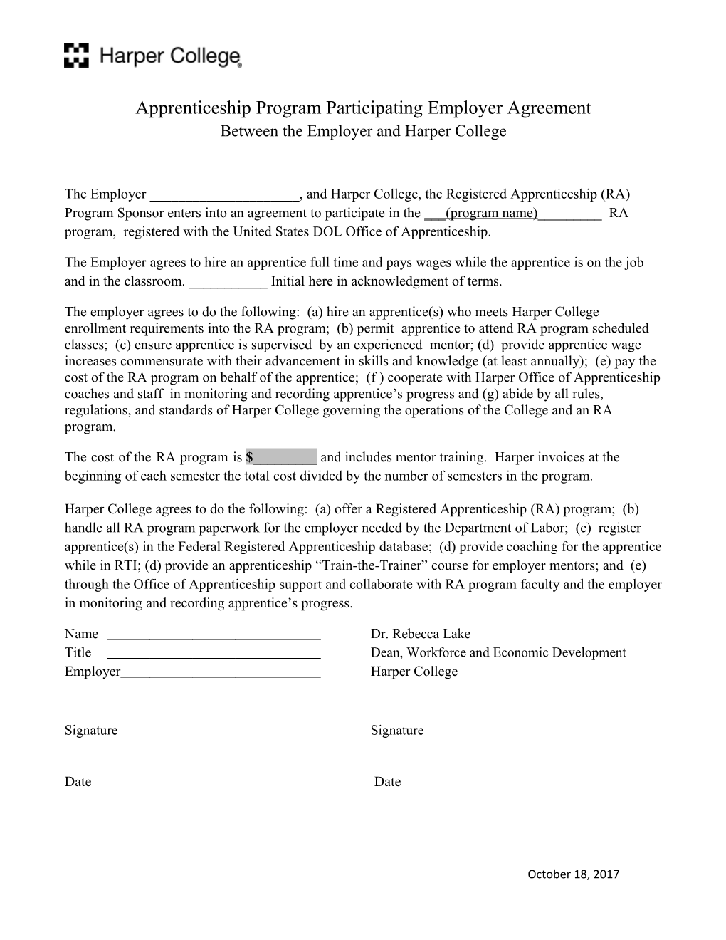 Apprenticeship Program Participating Employer Agreement Between the Employer and Harper College