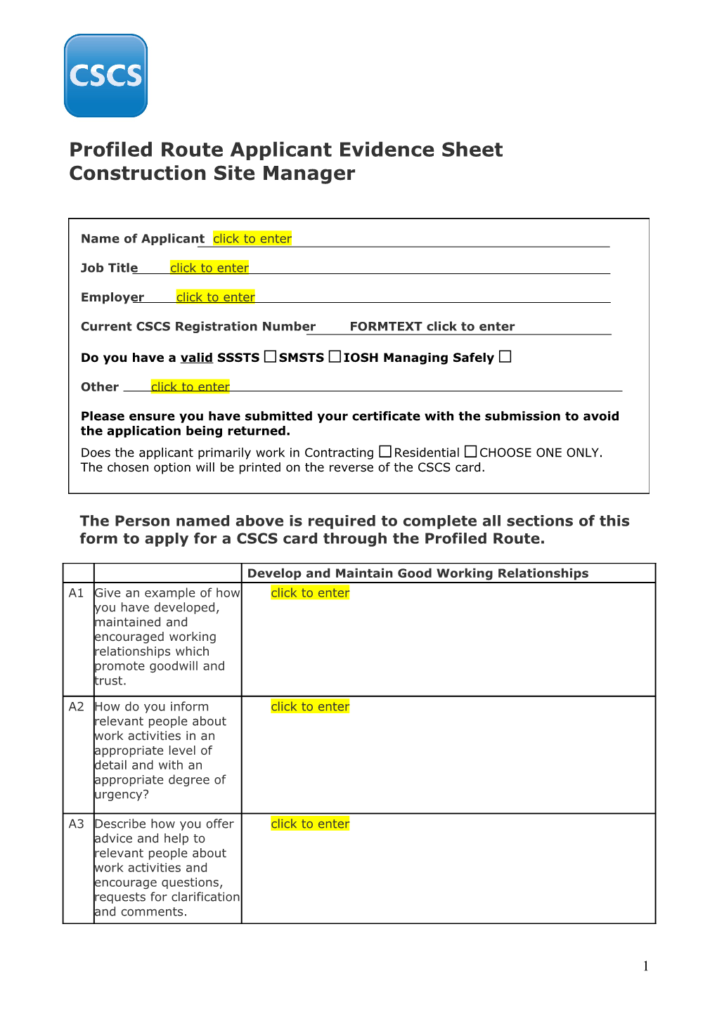 Applicant Evidence Sheet