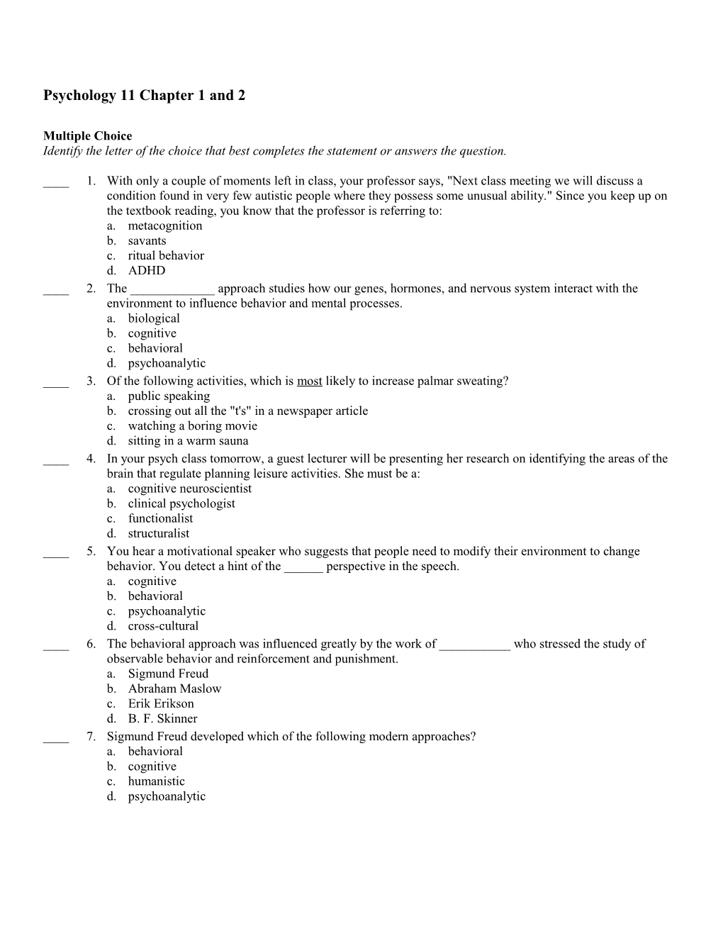 Psychology 11 Chapter 1 and 2