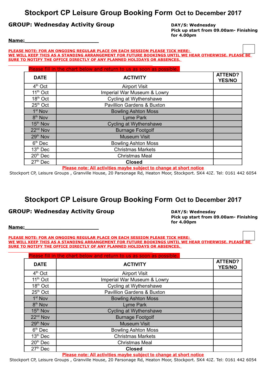 Stockport CP Leisure Group Booking Form Oct to December 2017
