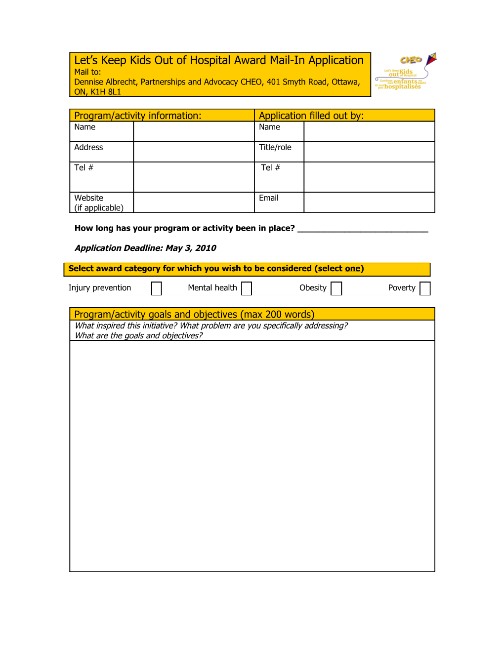 Let S Keep Kids out of Hospital Award Application