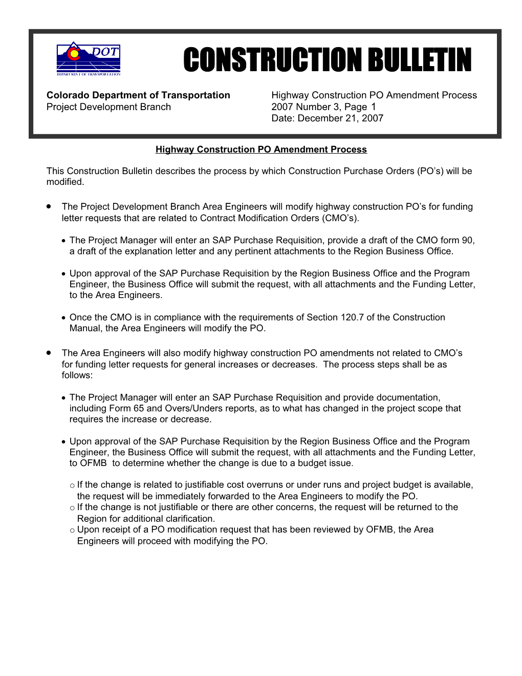 Colorado Department of Transportation Highway Construction PO Amendment Process