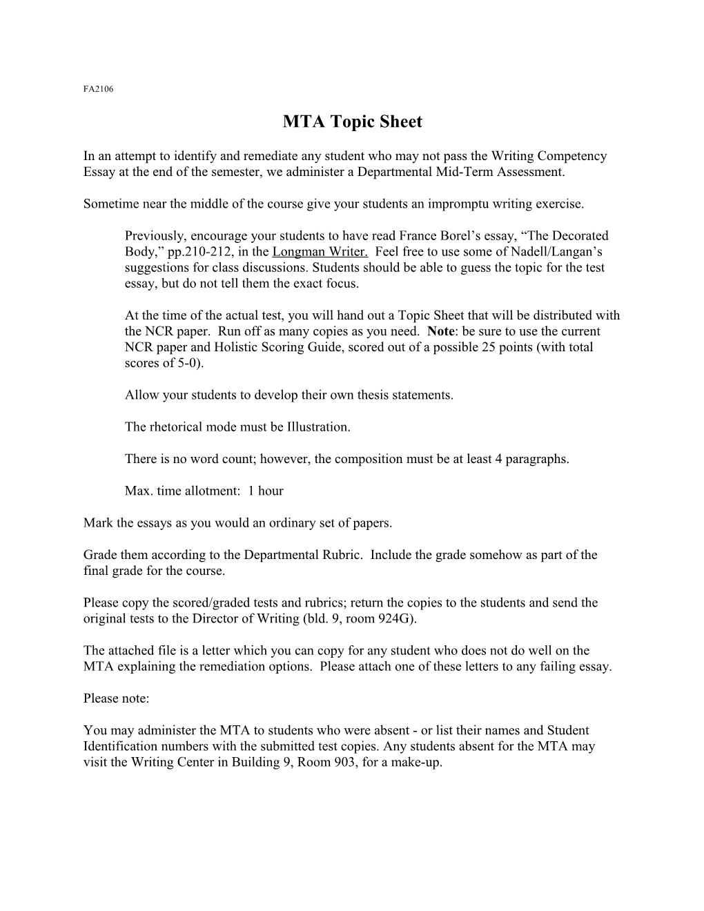 MTA Topic Sheet