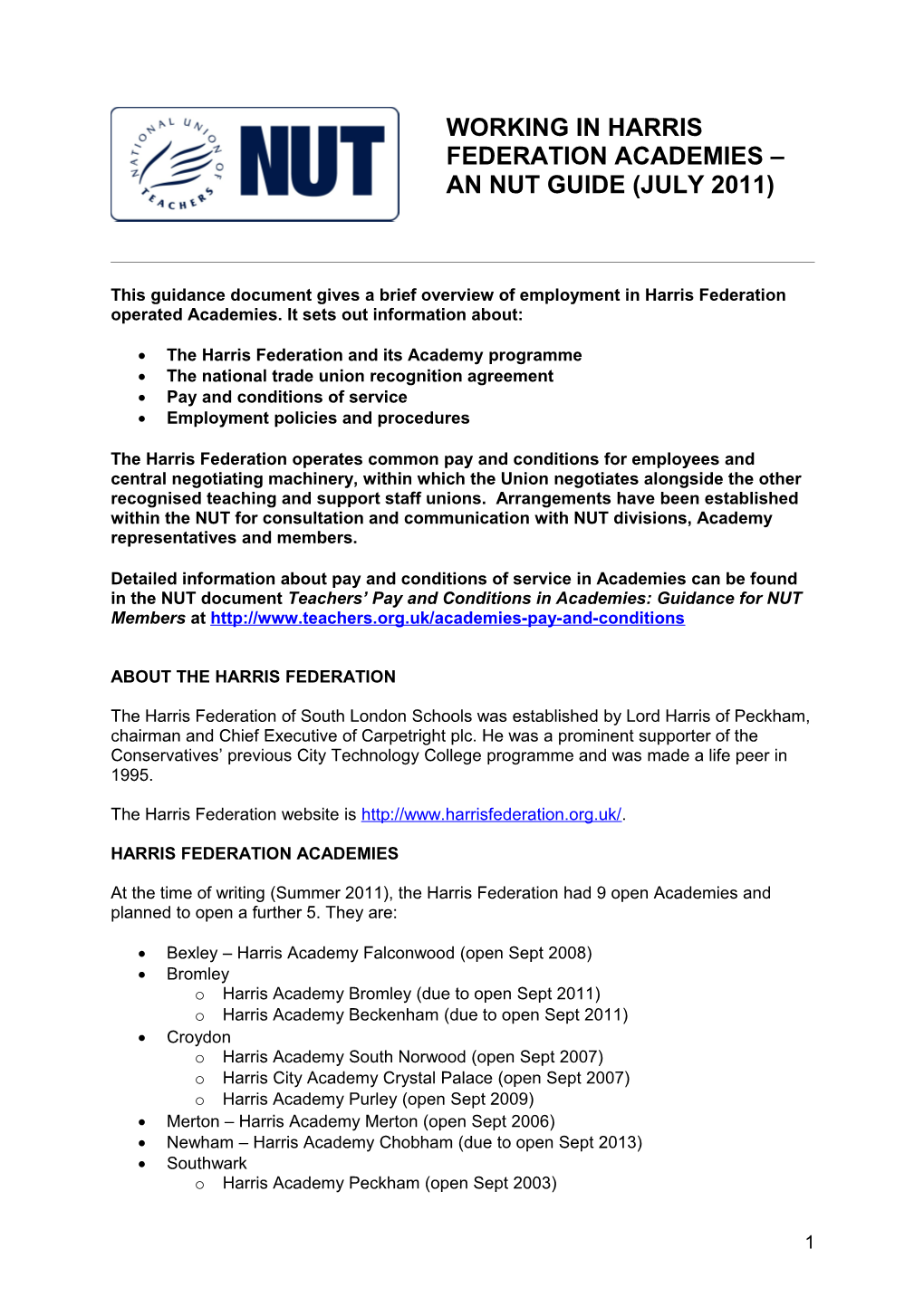 Working in Harris Federation Academies an Nut Guide (July 2011)