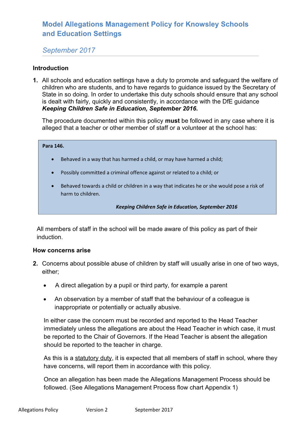 Model Allegations Management Policy for Knowsley Schools and Education Settings