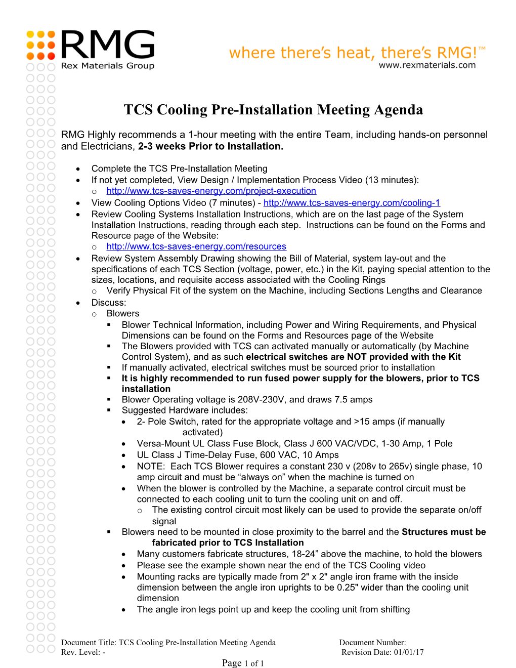 TCS Cooling Pre-Installation Meeting Agenda