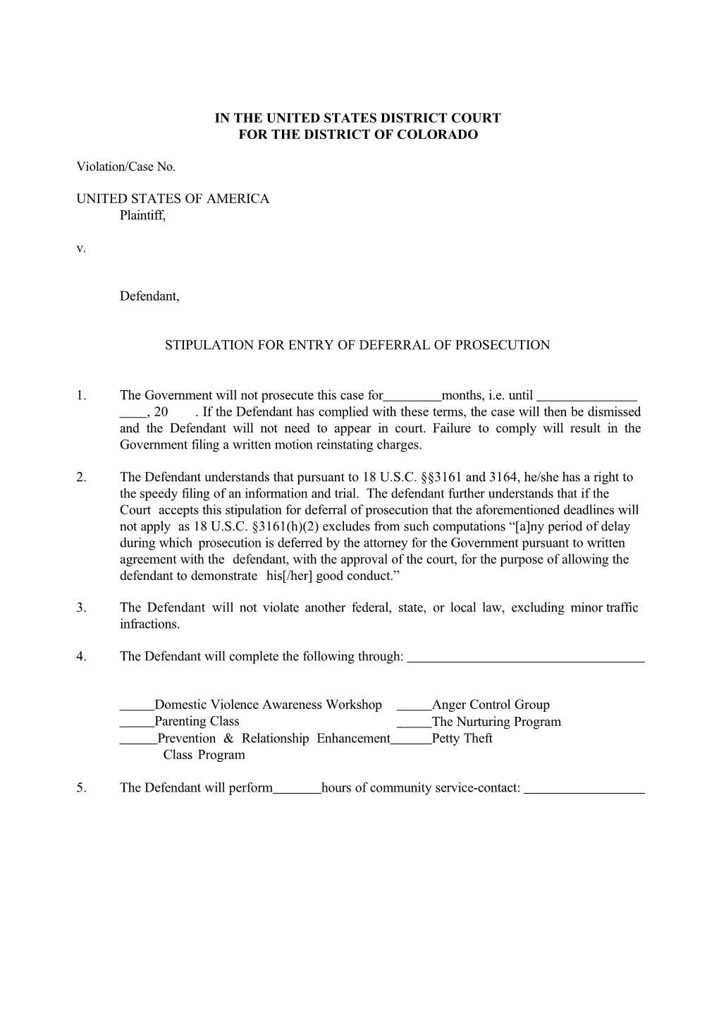 Deferral of Prosecution Form