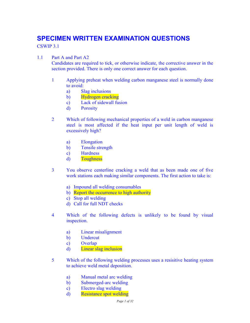 Specimen Written Examination Questions