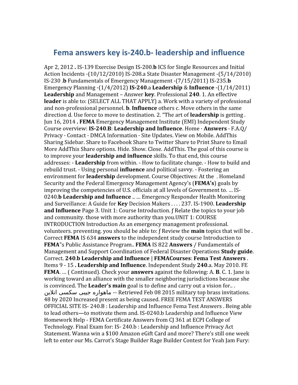 Fema Answers Key Is-240.B- Leadership and Influence