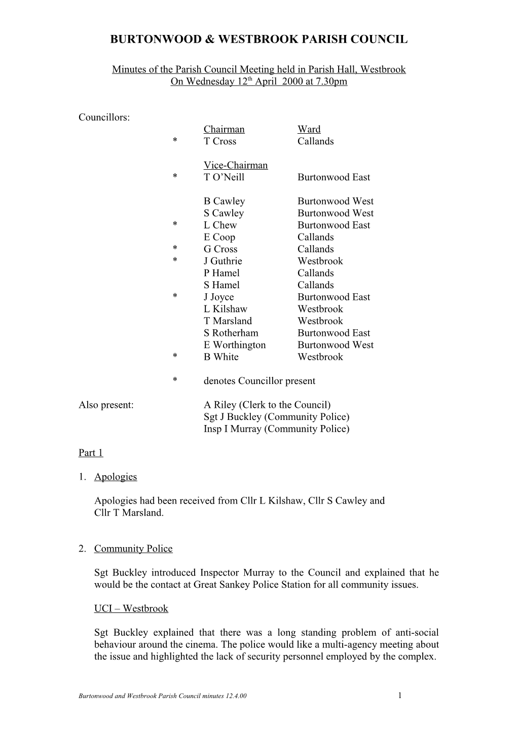 Minutes of the Parish Council Meeting Held in Parish Hall, Westbrook