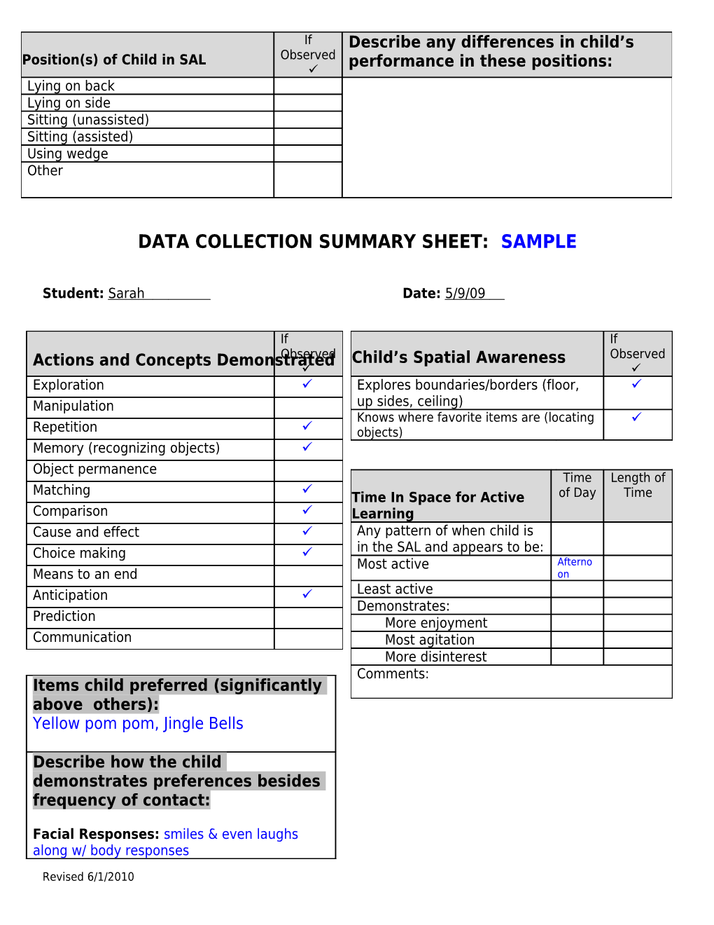 Data Collection Summary Sheet