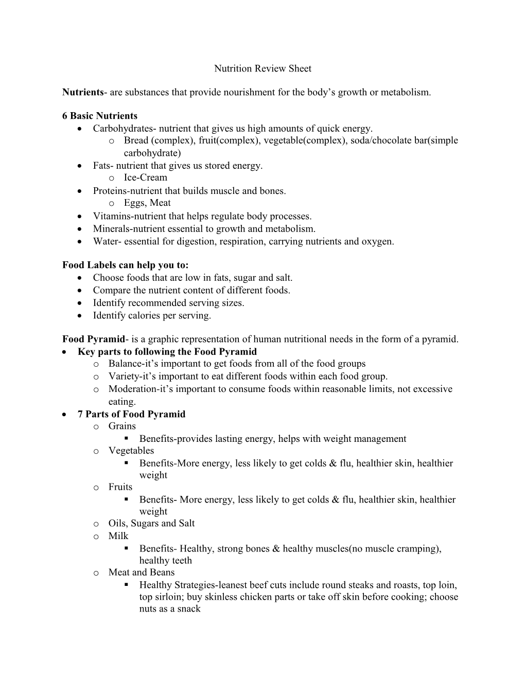 Nutrition Review Sheet