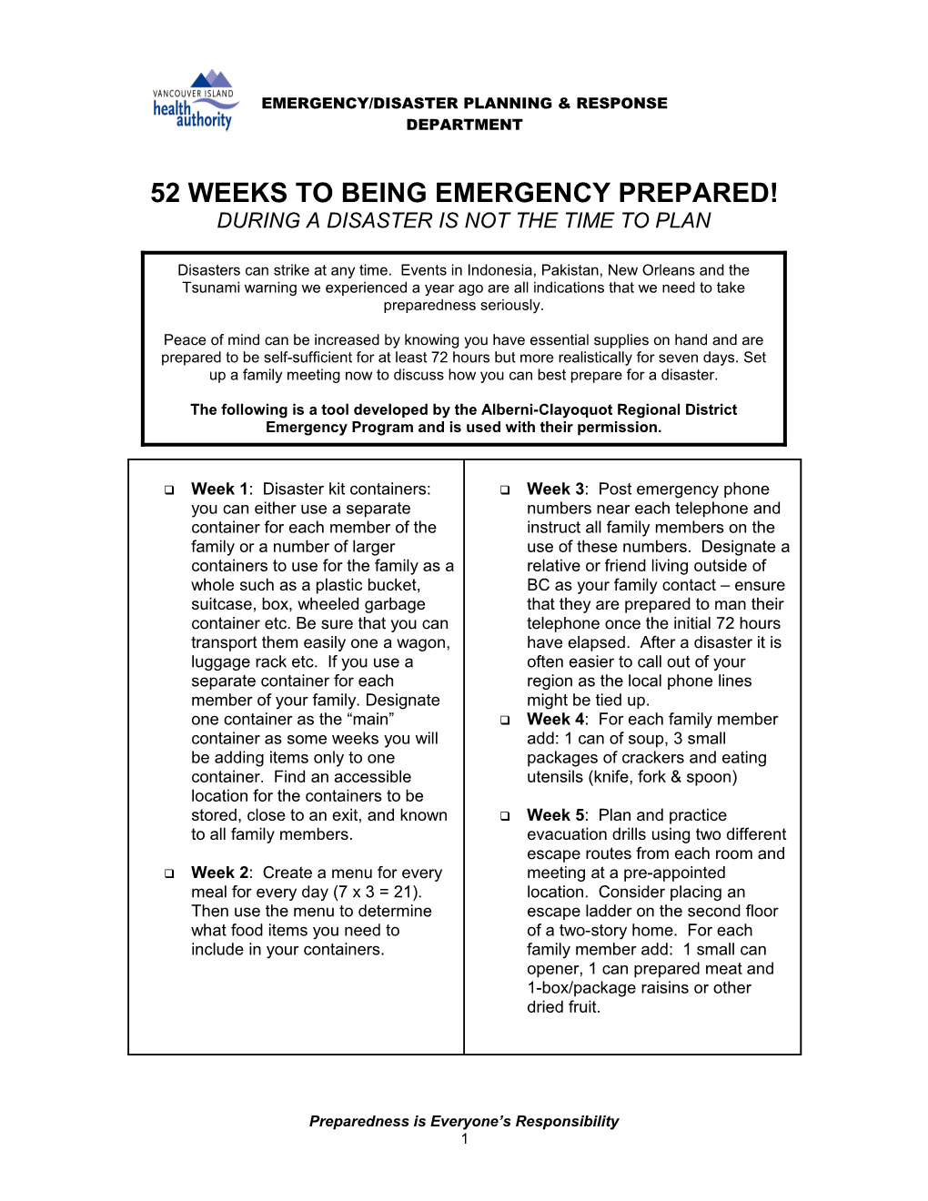 52 Weeks to Being Emergency Prepared!