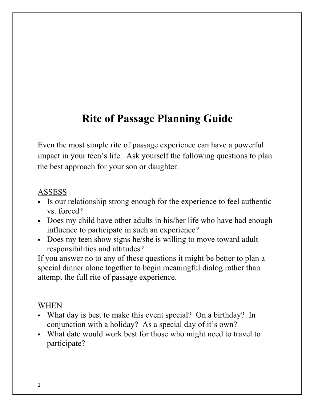 Rite of Passage Planning Guide