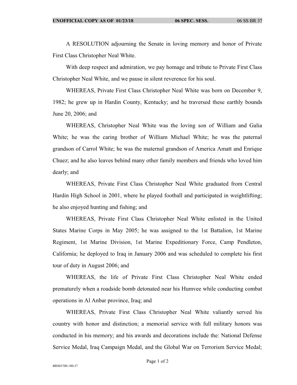 Unofficial Copy As of 06/27/06 06 Spec. Sess. 06 Ss Br 37