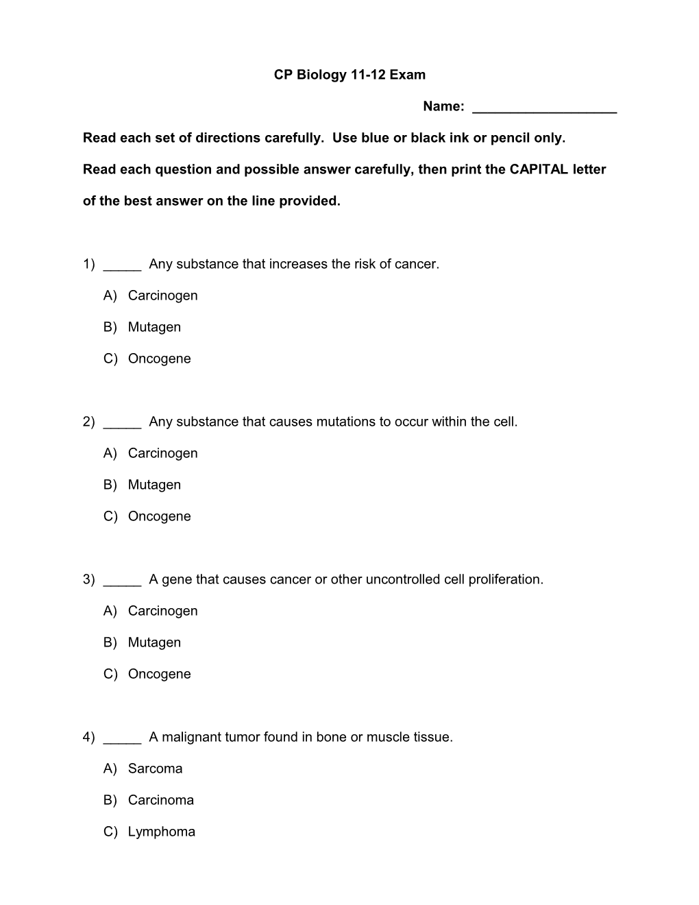 CP Biology Homework Assignment for Chapter 11