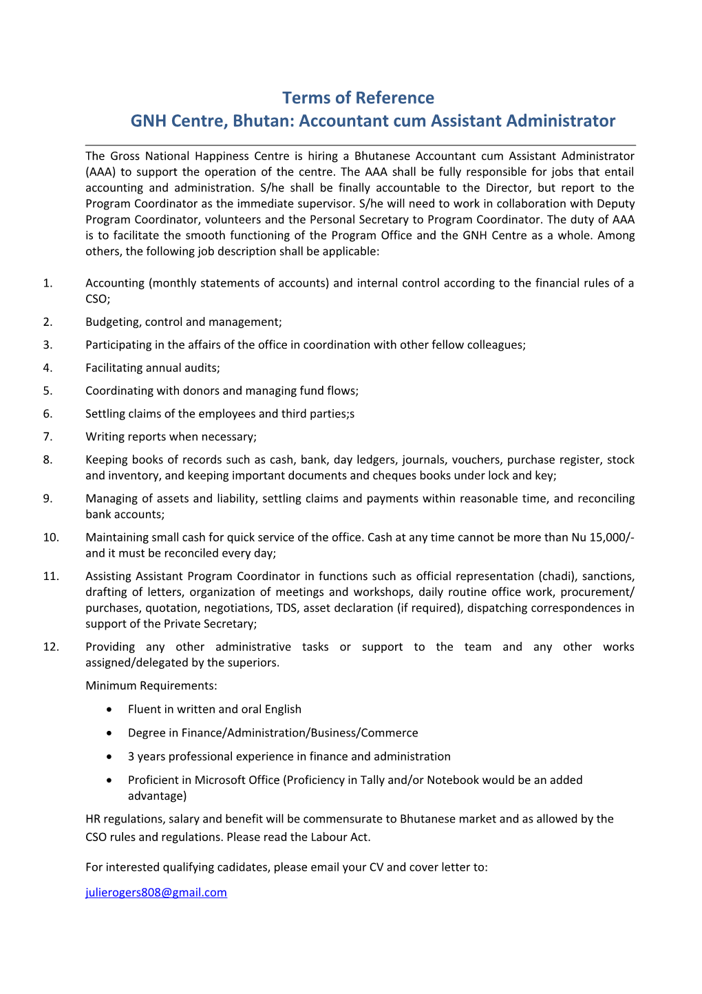 Terms of Reference GNH Centre, Bhutan: Accountant Cum Assistant Administrator