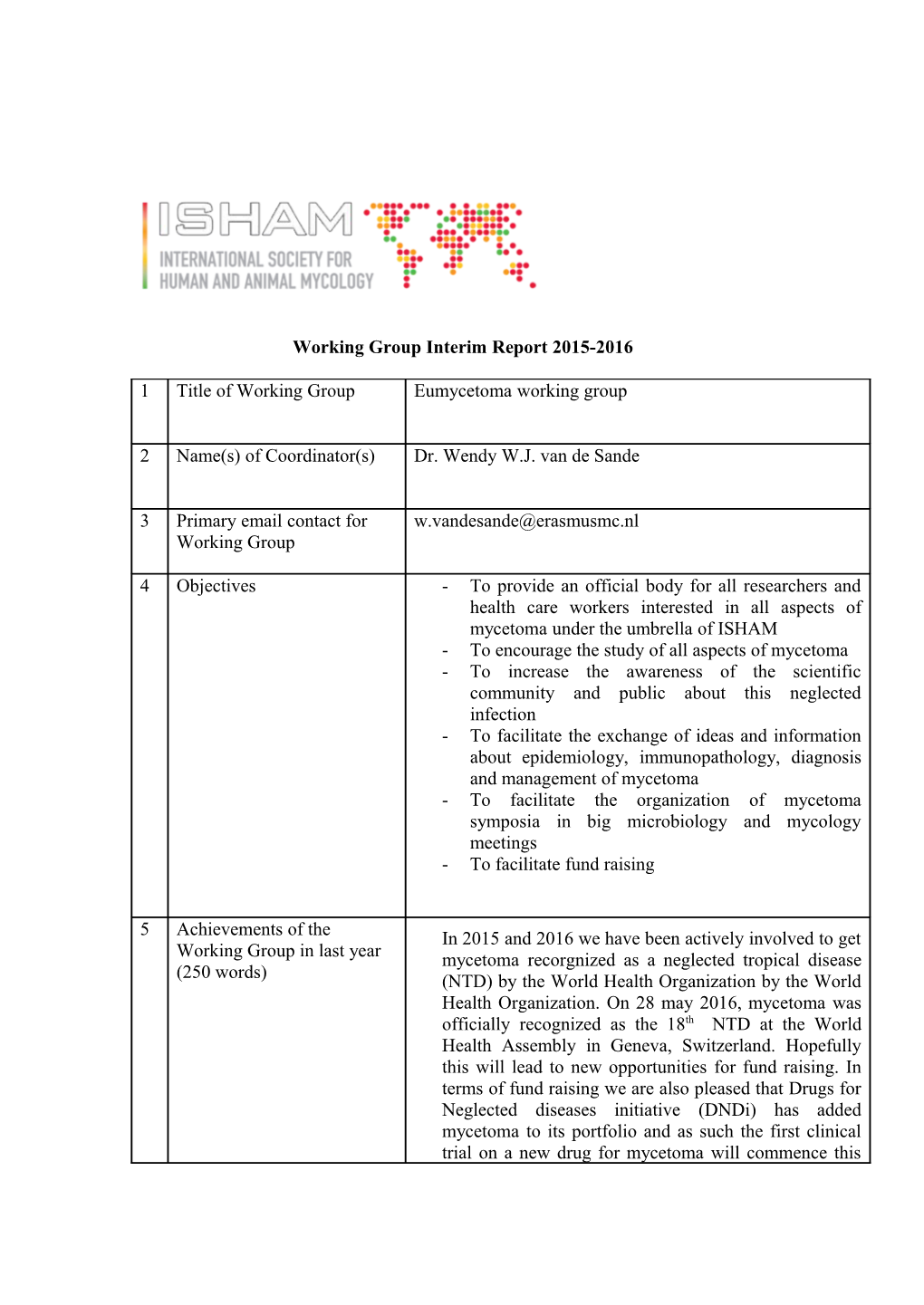 Interim Report of the Working Groups Under ISHAM