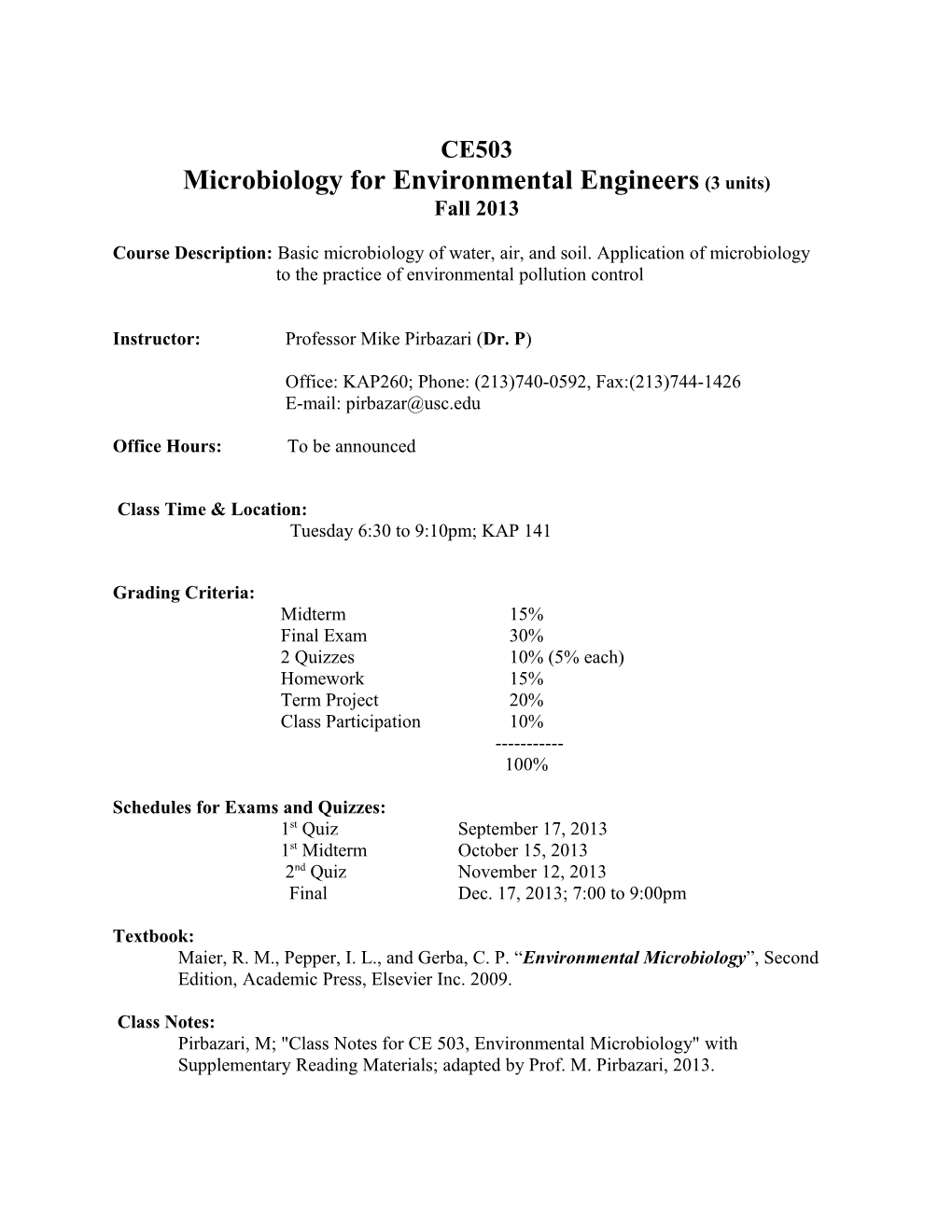 Microbiology for Environmental Engineers (3 Units)