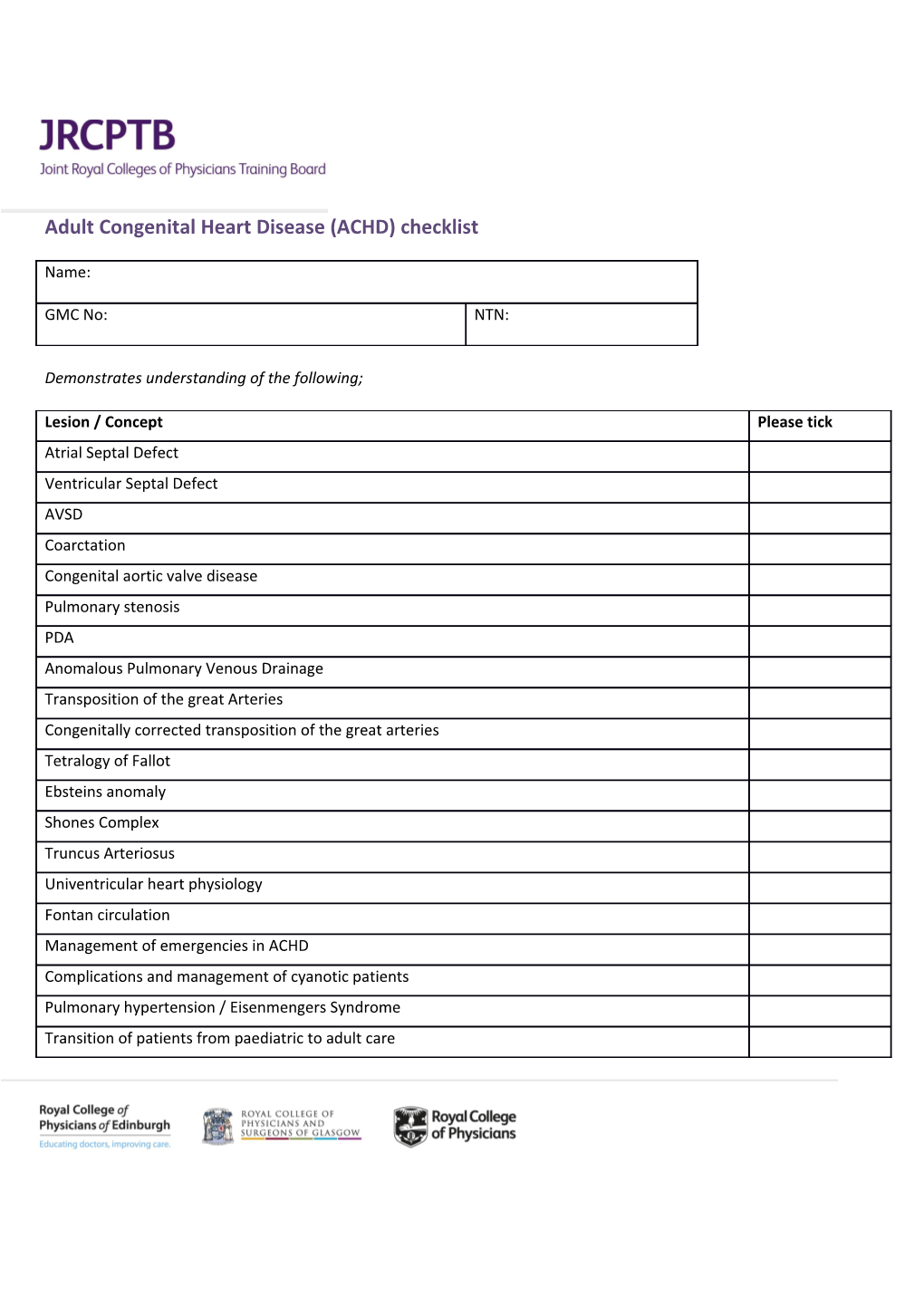 Adult Congenital Heart Disease (ACHD) Checklist