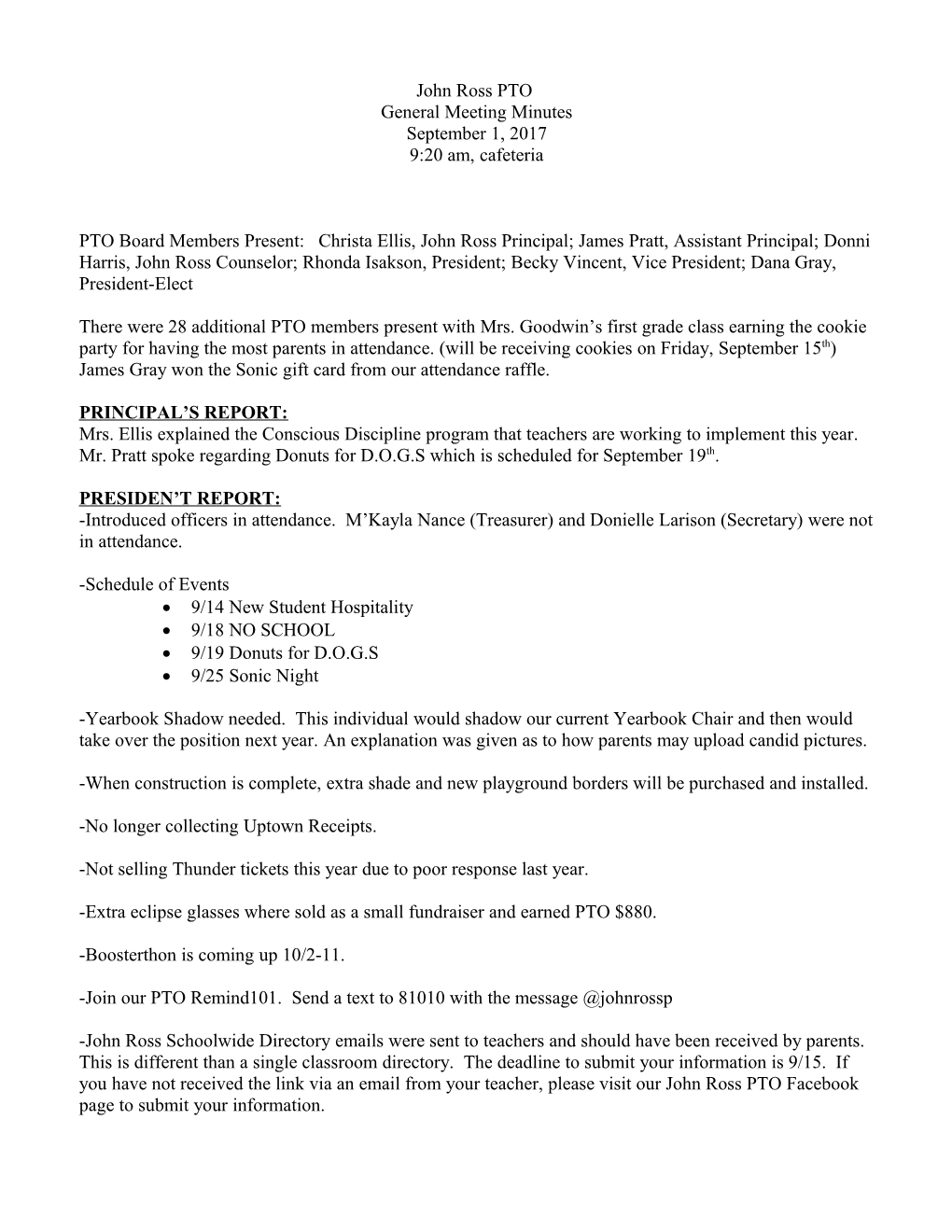 Minutes for PTO Meeting on March 6, 2015