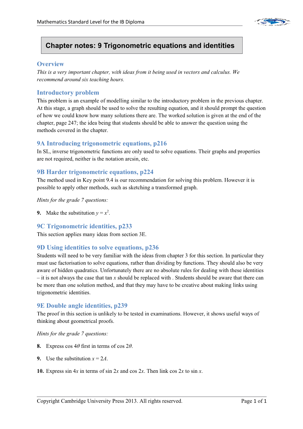 Chapter Notes: 9 Trigonometric Equations and Identities