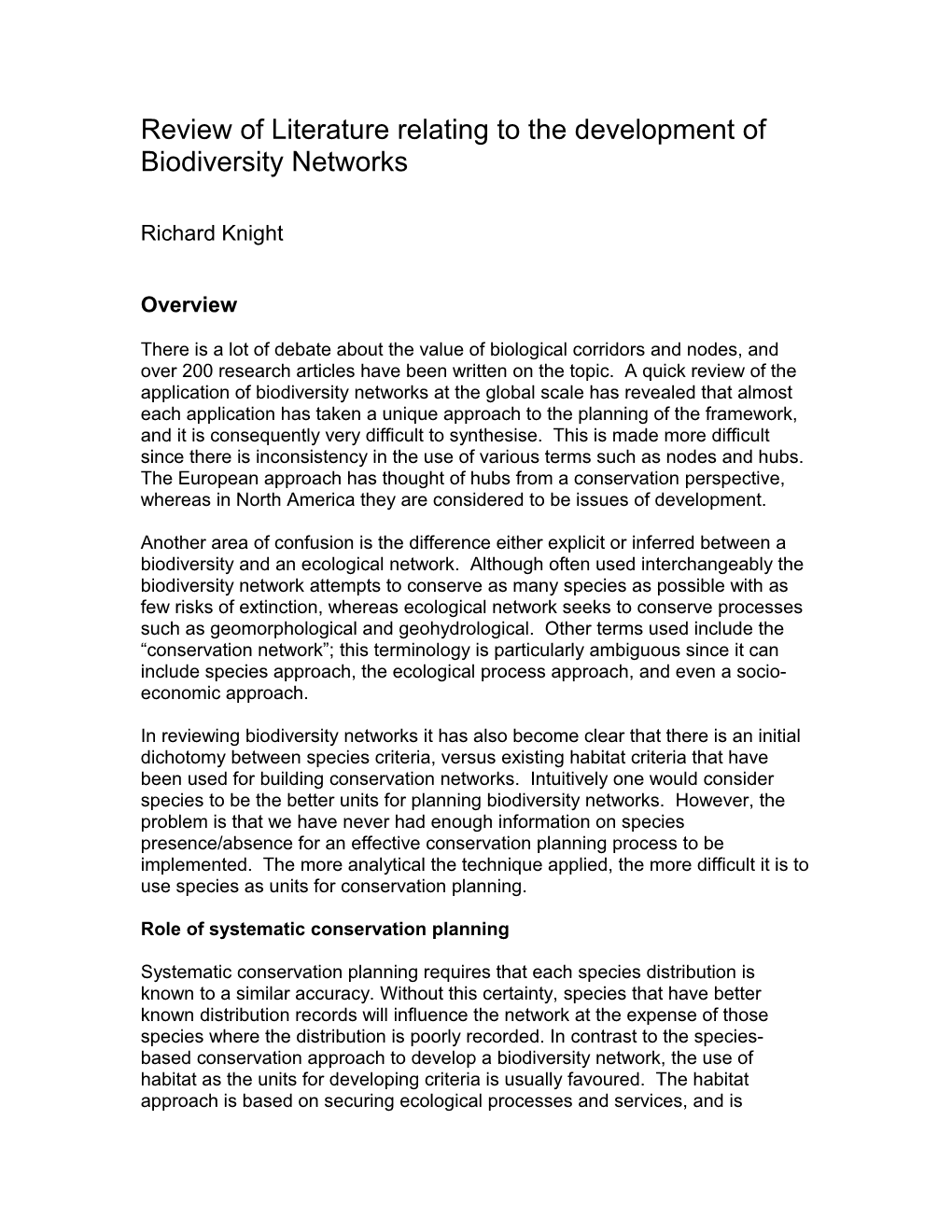 Review of Literature Relating to the Development of Biodiversity Networks