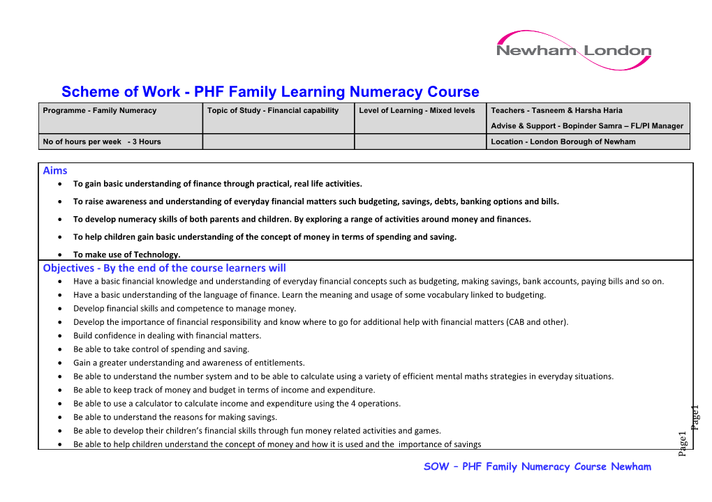Scheme Of Work For Family Learning Numeracy Joint Programme