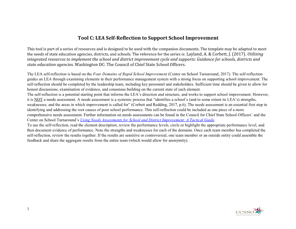 Tool C: LEA Self-Reflection to Support School Improvement