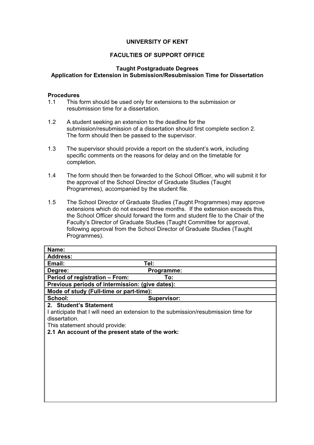 Application for Extension in Submission Time for Thesis