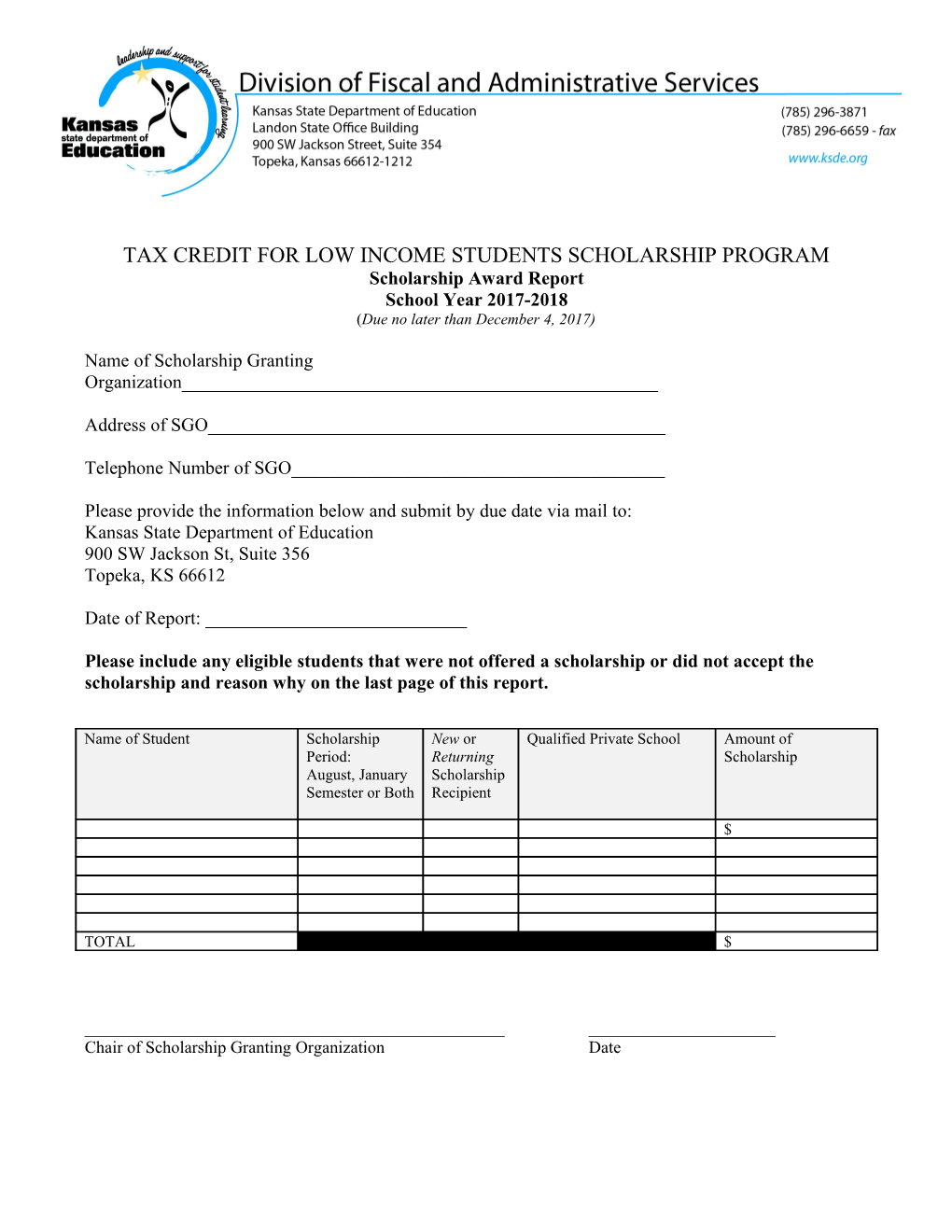 Tax Credit for Low Income Students Scholarship Program