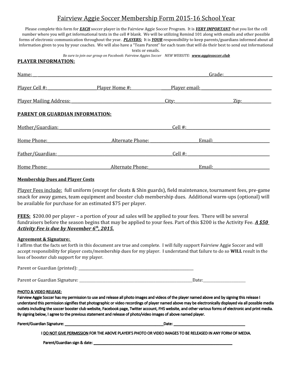 Fairview Aggie Soccer Membership Form 2015-16 School Year