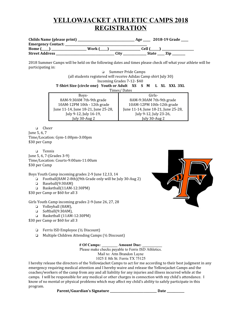 Yellowjacket Athletic Camps 2018 Registration