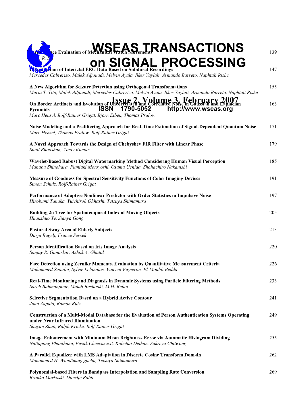 WSEAS Trans. on SIGNAL PROCESSING, February 2007