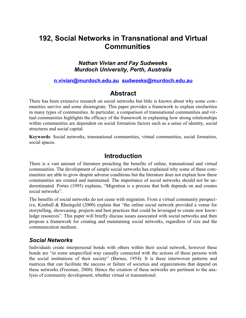 Paper 192, Social Networks in Transnational and Virtual Communities