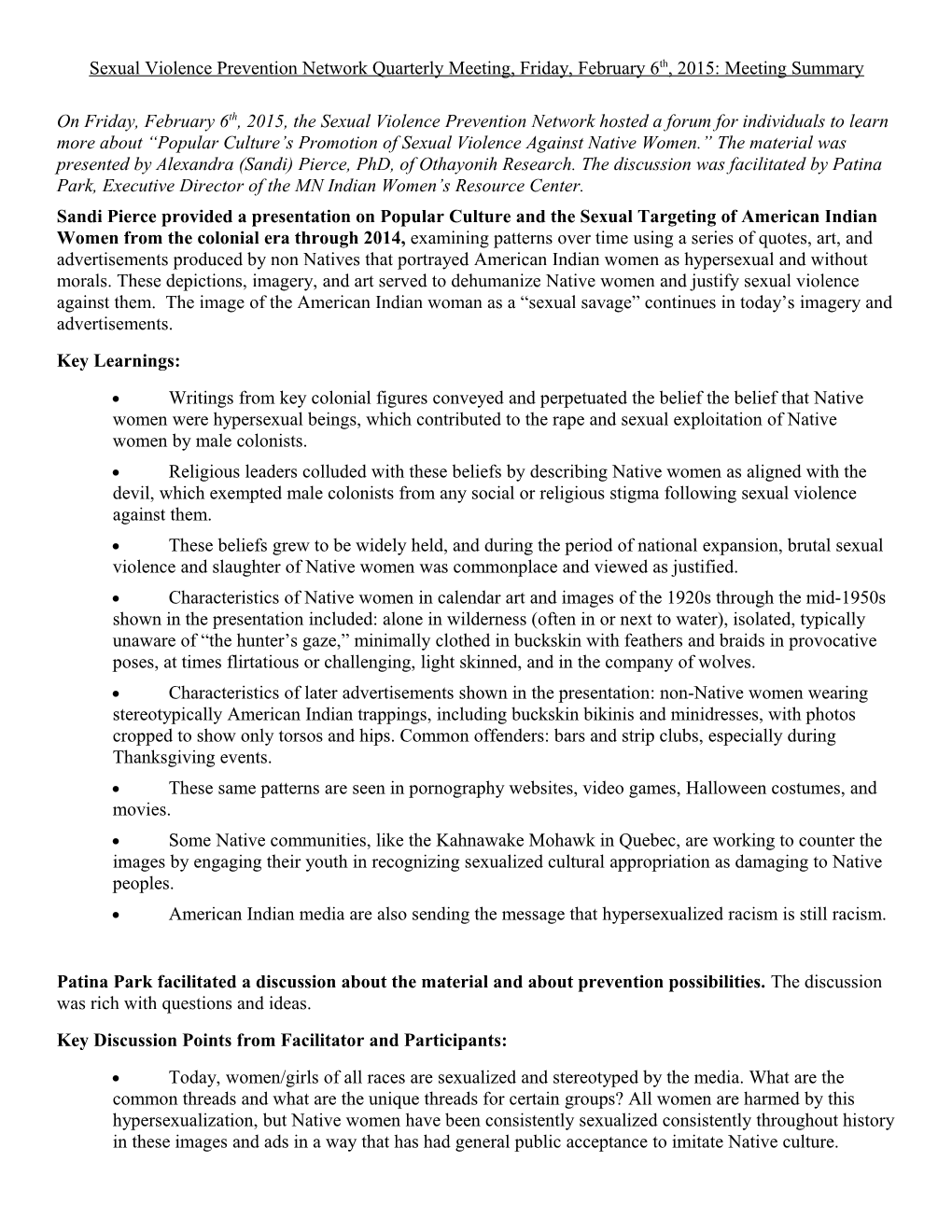 Sexual Violence Prevention Network Quarterly Meeting, Friday, February 6Th, 2015: Meeting