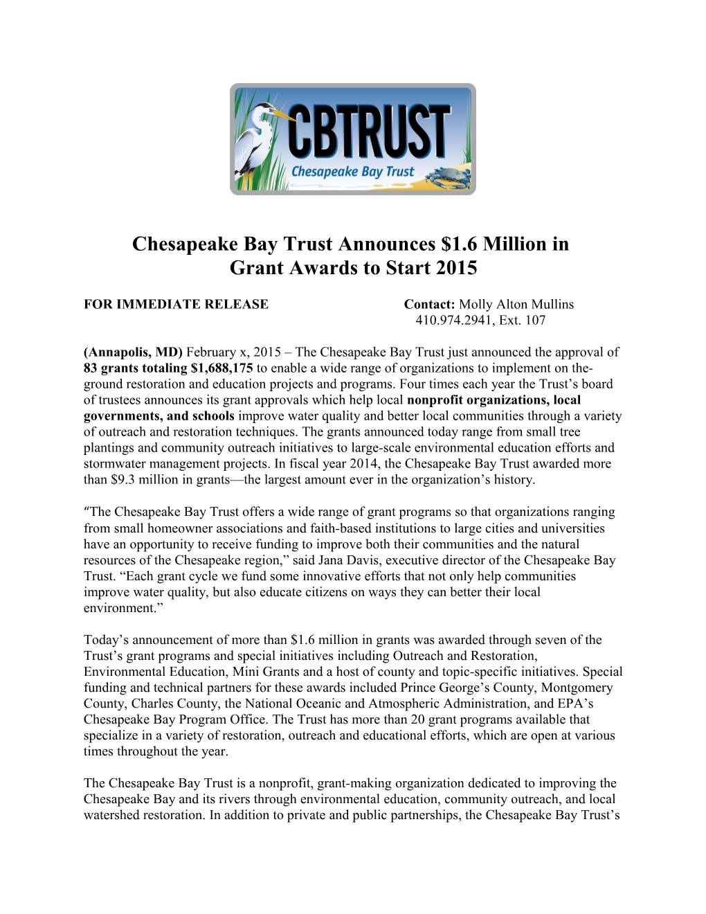 Chesapeake Bay Trust Announces $1.6 Million in Grant Awards to Start 2015