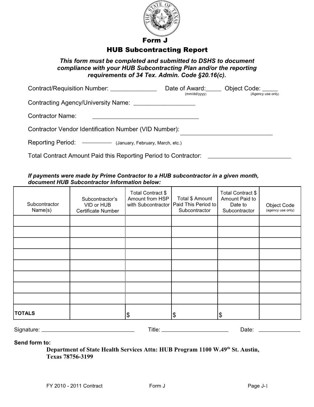 Form J HUB Subcontracting Report