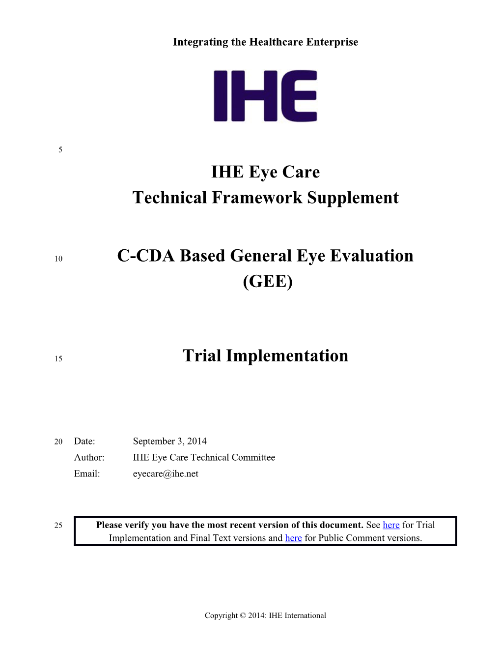 IHE Eyecare Supp GEE CCDA Rev2.0 PC 2014-05-Xx