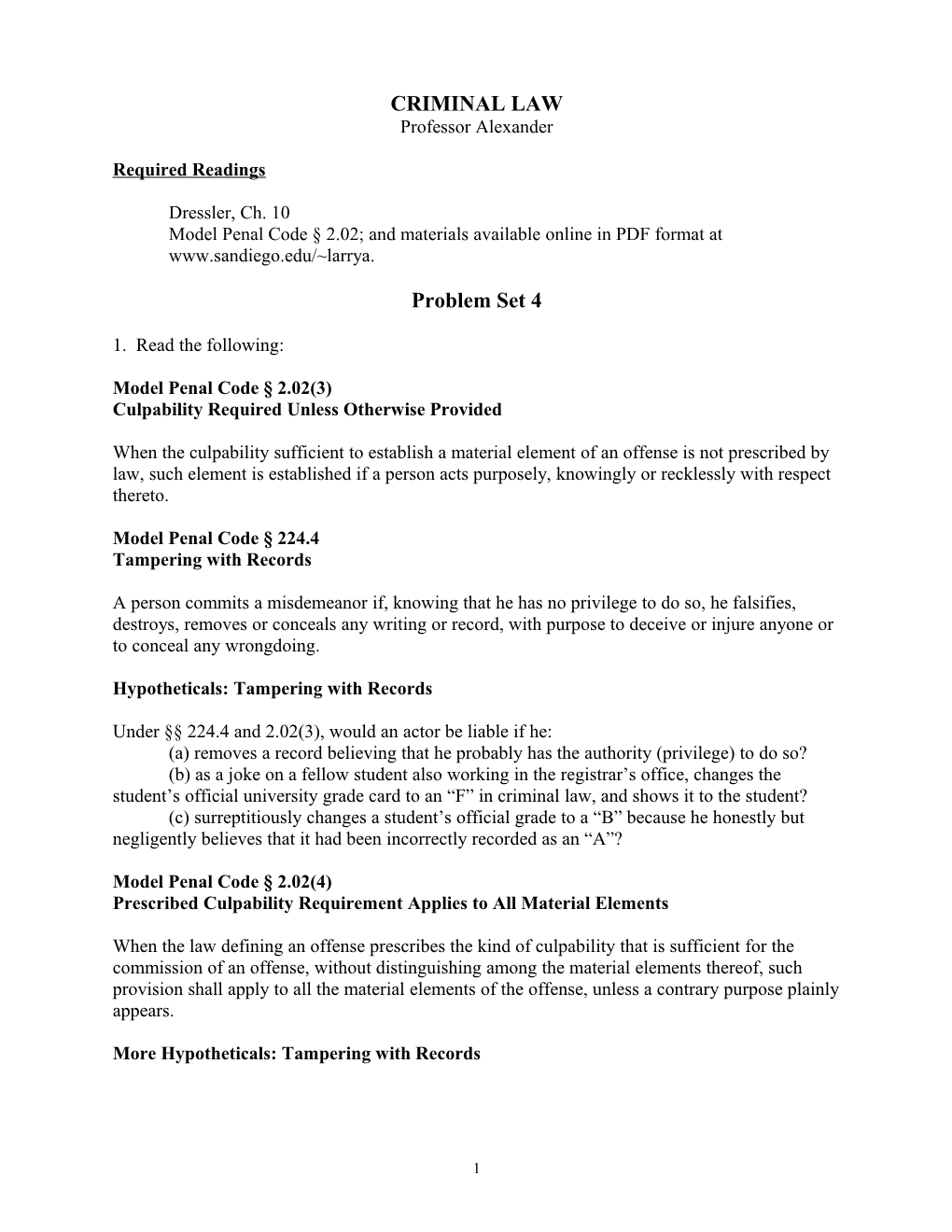 Model Penal Code 2.02; and Materials Available Online in PDF Format At