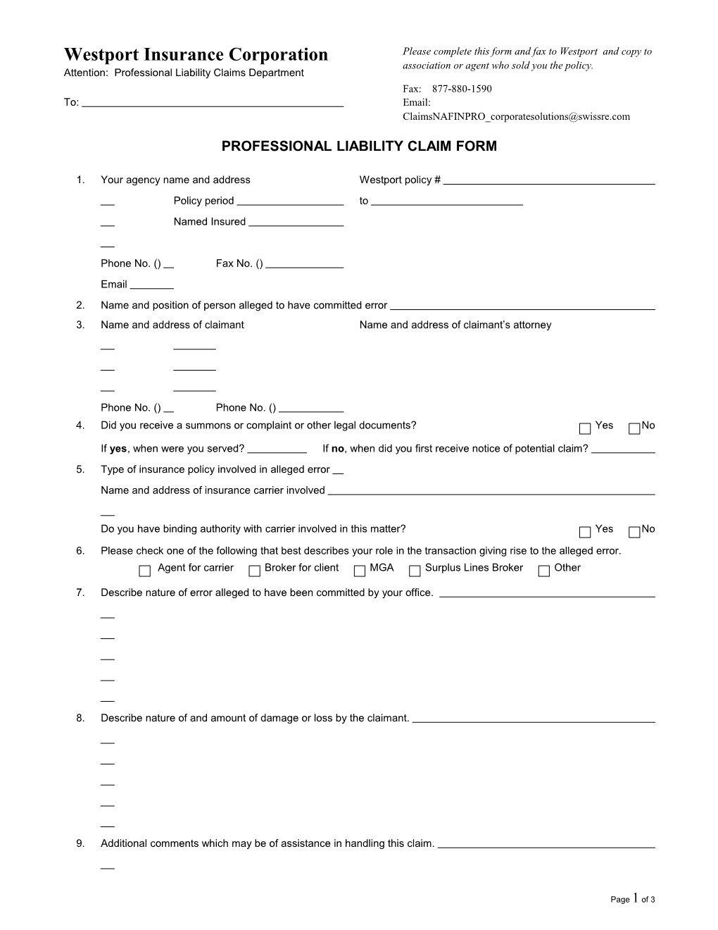 Professional Liability Claim Form