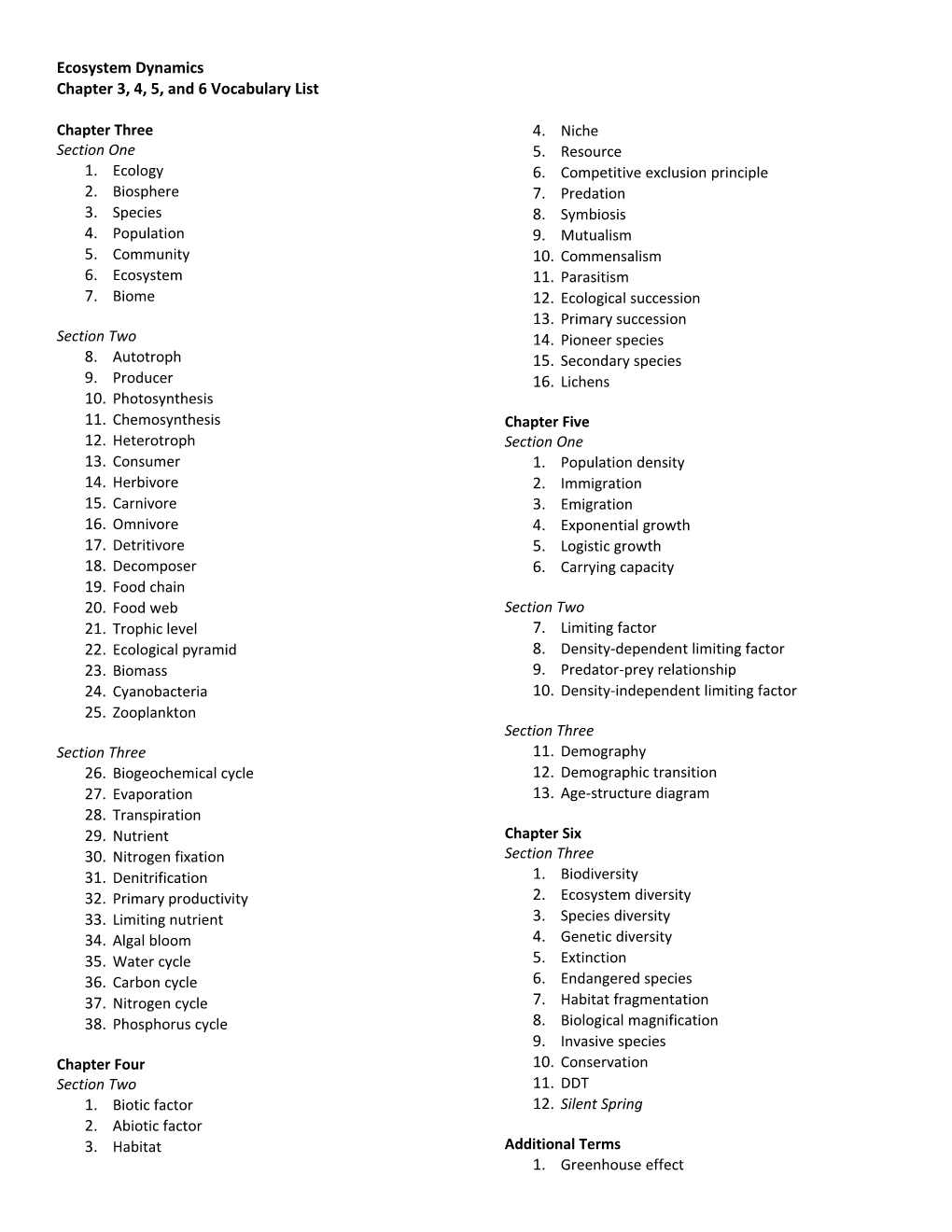 Chapter 3, 4, 5, and 6 Vocabulary List