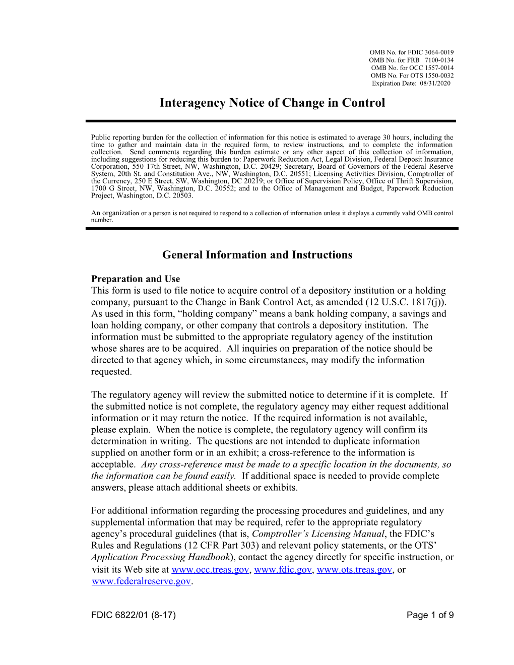 Interagency Notice Of Change In Control