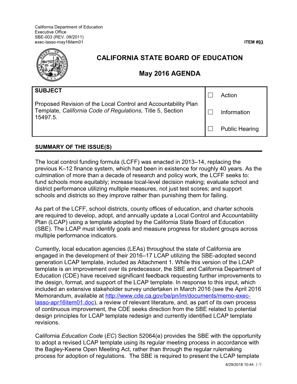 May 2016 Agenda Item 03 - Meeting Agendas (CA State Board of Education)