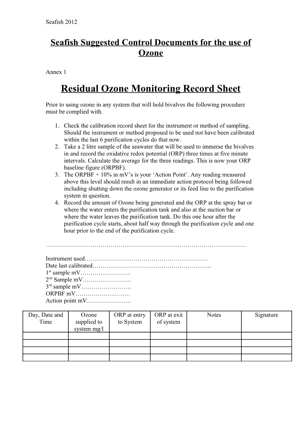 Seafish Suggested Control Documents for the Use of Ozone