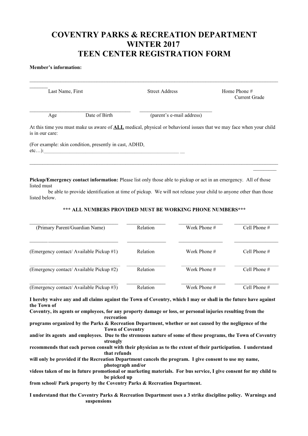 Coventry Recreation - Registration Form