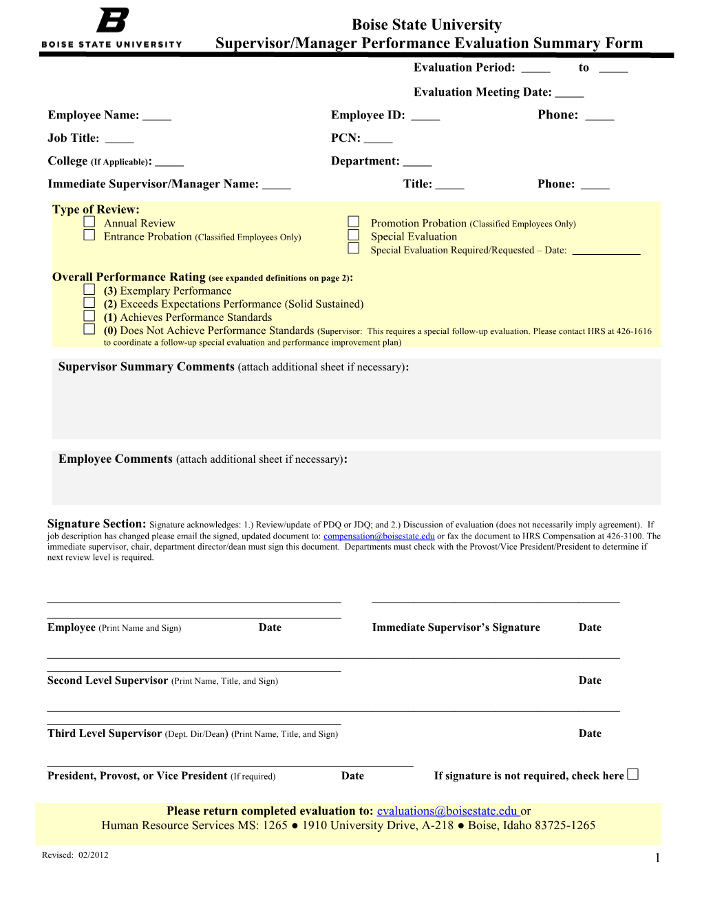 Supervisor/Manager Performance Evaluation Summary Form