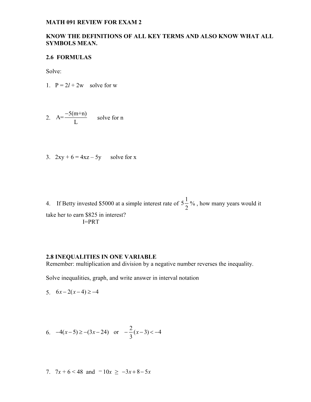 Math 091 Review for Exam 2